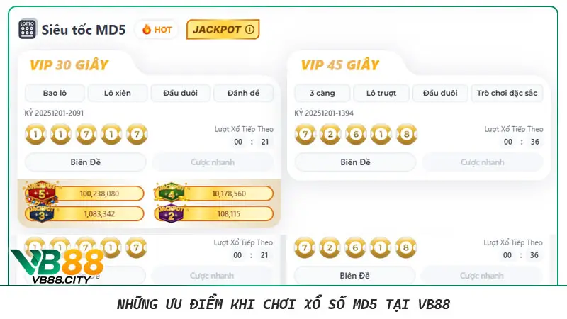 Xổ số siêu tốc MD5: Bí kíp kiếm tiền cực nhanh dành cho bạn Những ưu điểm khi chơi xổ số MD5 tại vb88